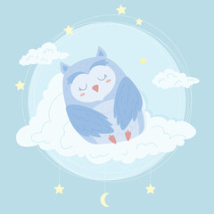 Cute sleeping owl on cloud among stars and moon. Hand drawn baby poster with cartoon character animal. Decoration for nursery or card for children. Vector flat illustration