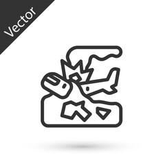 Grey line Plane crash icon isolated on white background. Vector