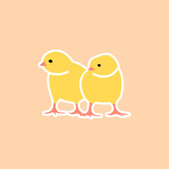 Two little yellow chickens on a pastel background. Vector.