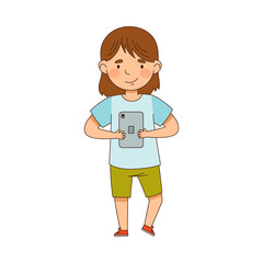 Obraz premium Pretty Little Girl Using Tablet PC as Electronic Gadget Vector Illustration