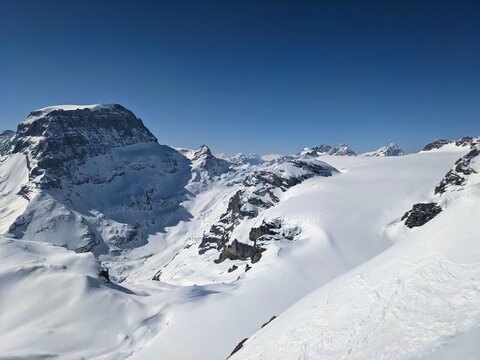  winter panorama picture from the mountain gemsairenstock towards toedi with the clariden glacier. Beautiful mountains