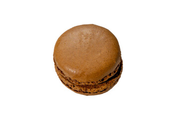 Chocolate flavor homemade yellow macaron isolated on a white background, top view