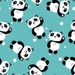 Seamless pattern with cute panda baby and stars on color background. Funny asian animals. Card, postcards for kids. Flat vector illustration for fabric, textile, wallpaper, gift wrapping paper