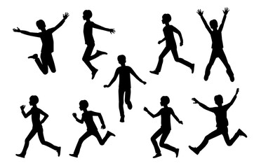 Nine isolated vector silhouettes of a teenager boy running. jumping, dancing, raising hands