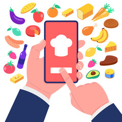 Cooking app on smartphone screen. Food icons set. Vector illustration.