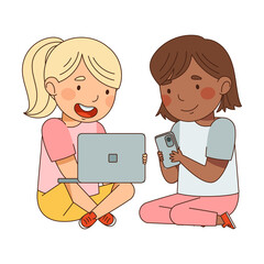 Cute Girls Sitting with Smartphone and Tablet PC Vector Illustration
