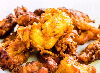 Fried  fritter chopped chicken  in  plate , in door  Chiangmai  Thailand