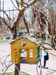 wooden birdhouse - bird feeder in the shape of a house on a branch