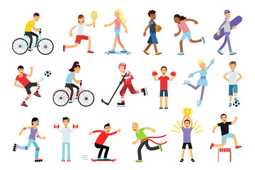 Fototapeta na wymiar Young Energetic Man and Woman Doing Sport Activity Vector Illustration Set