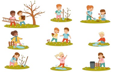 Cheerful Kids Enjoying Spring Season Splashing in Puddle, Planting Tree and Playing with Paper Boat Vector Set