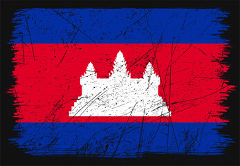 Creative grunge flag of Cambodia country. Happy independence day of Cambodia. Brush flag on shiny black background