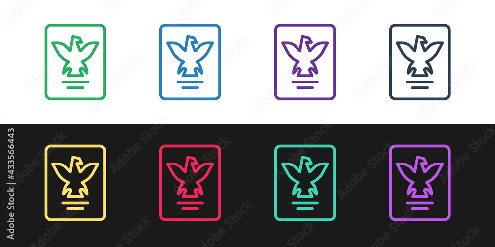 Poster set line passport with biometric data icon isolated on black and white background. identification do
