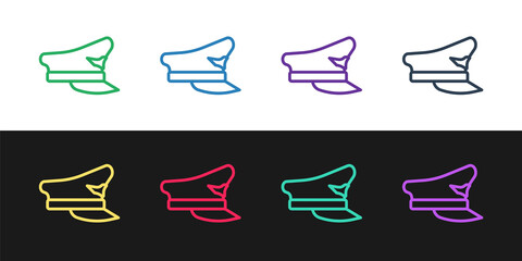Obraz premium Set line Pilot hat icon isolated on black and white background. Vector