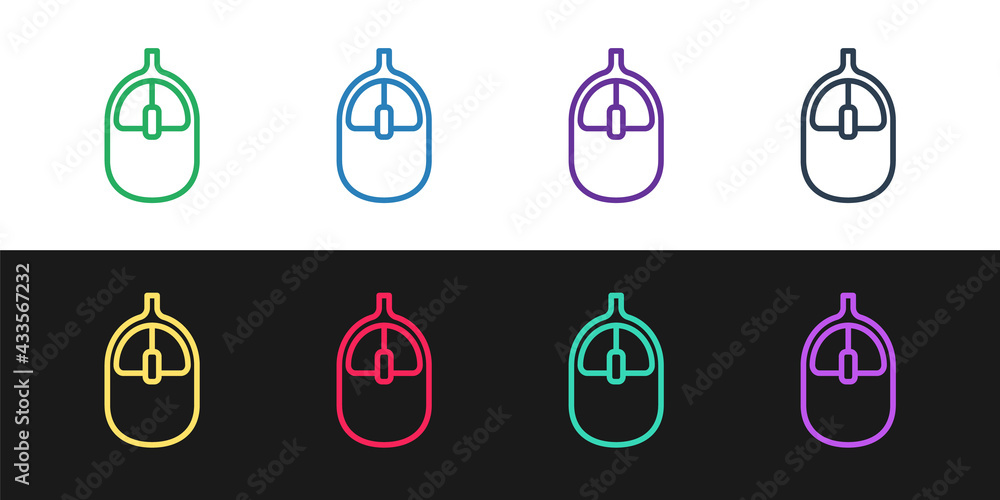 Poster set line computer mouse icon isolated on black and white background. optical with wheel symbol. vect