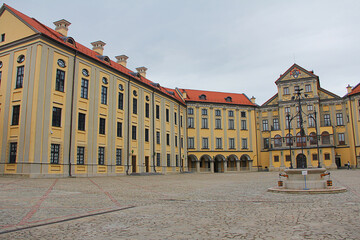 Fototapeta na wymiar April 28 2014 view of the old walls of the Nesvizh castle in Belarus in the Minsk region in the city of Nesvizh