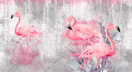 pink flamingos on textured background - obrazy, fototapety, plakaty