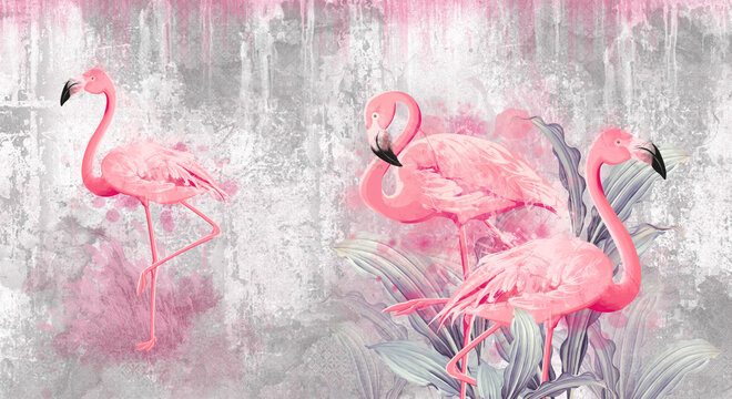 pink flamingos on textured background © Виктория Лысенко