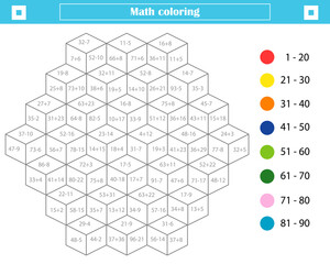  Mathematical coloring book for children. Addition and subtraction up to 100. Worksheet