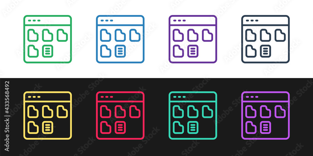 Poster set line browser files icon isolated on black and white background. vector