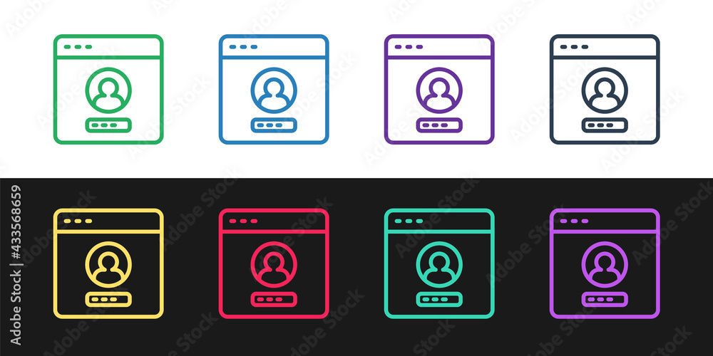 Poster set line create account screen icon isolated on black and white background. vector