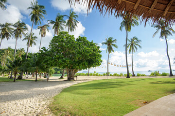 Fototapeta premium Beautiful view of Cozy bungalow with Green tropical garden on phi phi island, Thailand