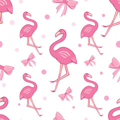 Obraz premium Seamless pattern of pink flamingos, ribbons, balloons. Vector