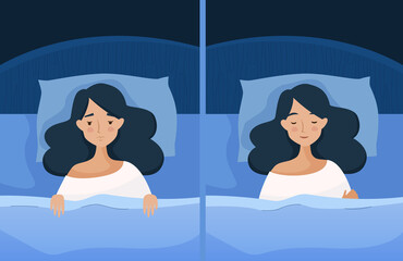 Sleep and sleepless girl with insomnia. Woman in bed with open eyes in darkness night room. Flat cartoon style vector illustration. 