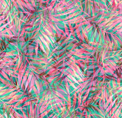 Seamless pattern with painted leaves of tropical plants. Grass and trees botanical style. Herbs in a trending background. Print for textiles and paper