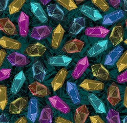 Seamless pattern with drawn crystals of different minerals. Scattered gems. in a trending background. Print for textiles and paper. Quartz, emerald, amber, sapphire, ruby, aquamarine, amethyst, opal