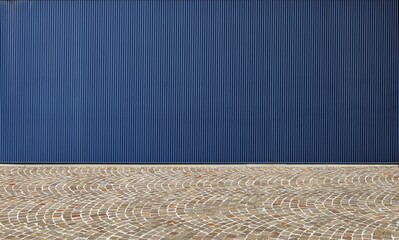 Blue aluminium cladding wall with vertical stripes and a porphyry pavement in front. Background for...