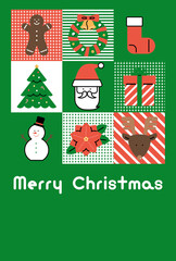 クリスマスカード　テンプレート（フラットアイコン　デザイン）／緑背景