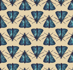 Seamless pattern with painted insects with wings. butterflies and moths living on grass and trees. Animals in a trending background. Print for textiles and paper