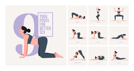 yoga poses for Better Sex. Young woman practicing Yoga pose. Woman workout fitness, aerobic and exercises. Vector Illustration.