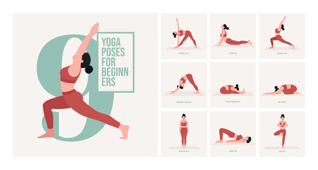 Fototapeta na wymiar yoga poses for Beginners. Young woman practicing Yoga pose. Woman workout fitness, aerobic and exercises. Vector Illustration.