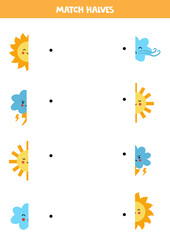 Match parts of cute kawaii weather elements. Logical game for children.