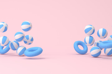 Minimal scene of inflatable ring with rubber ball on pink background, Summer concept, 3D rendering.