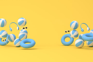 Minimal scene of inflatable ring with rubber ball on yellow background, Summer concept, 3D rendering.