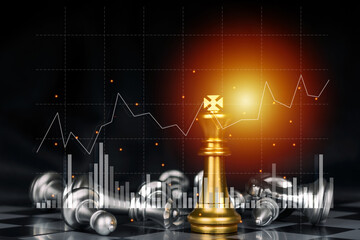 Stock market. chess board game with virtual graphic graph chart diagram on dark background, chess battle, cryptocurrency exchange, blockchain internet security technology and business strategy concept