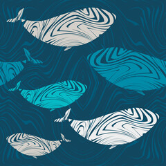 Decorative fish with a doodle texture swim in the sea. The waves. Seamless background. Cute cartoons. Vector illustration for web design or printing.