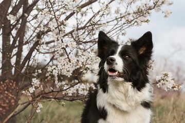 Happy Border Collie next to White Sloe Blossom Flowering Tree during Springtime. Cute Black and...