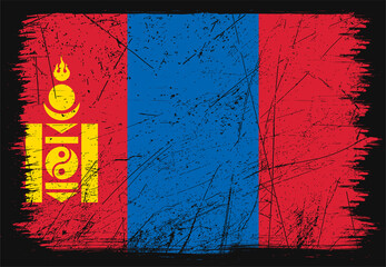 Creative grunge flag of Mongolia country. Happy independence day of Mongolia. Brush flag on shiny black background