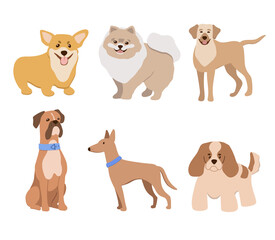 Vector illustration in flat style, set of funny purebred dogs, isolated on a white background. Cute dogs in collars stand and sit.