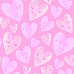 Cute watercolor pink hearts faces seamless pattern.