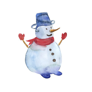 Happy snowman with snowflakes, New Year's watercolor illustration, Christmas card. handmade, isolated design for clipart.