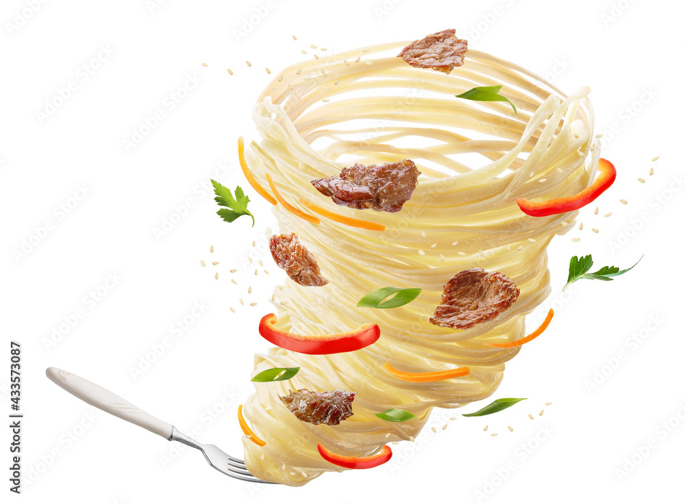 Wall mural noodles with vegetables and meat in the form of a tornado. fork with noodles, red peppers, carrots, 