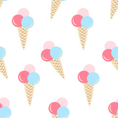 Ice cream in waffle cone seamless pattern. Isolated design in pink and blue pastel colors
