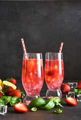 Strawberry juice with mint and lemon. Cold drink with strawberries.
