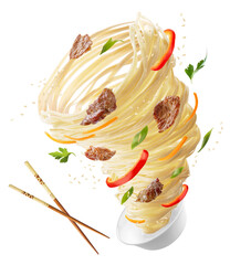 Noodles with vegetables and meat in the form of a tornado. Wooden sticks and a bowl of noodles, red...