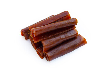 Dried mango paste on white background.