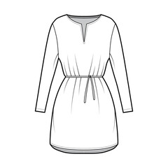 Dress tunic technical fashion illustration with tie, long sleeves, oversized body, mini length skirt, slashed neck. Flat apparel front, white color style. Women, men CAD mockup